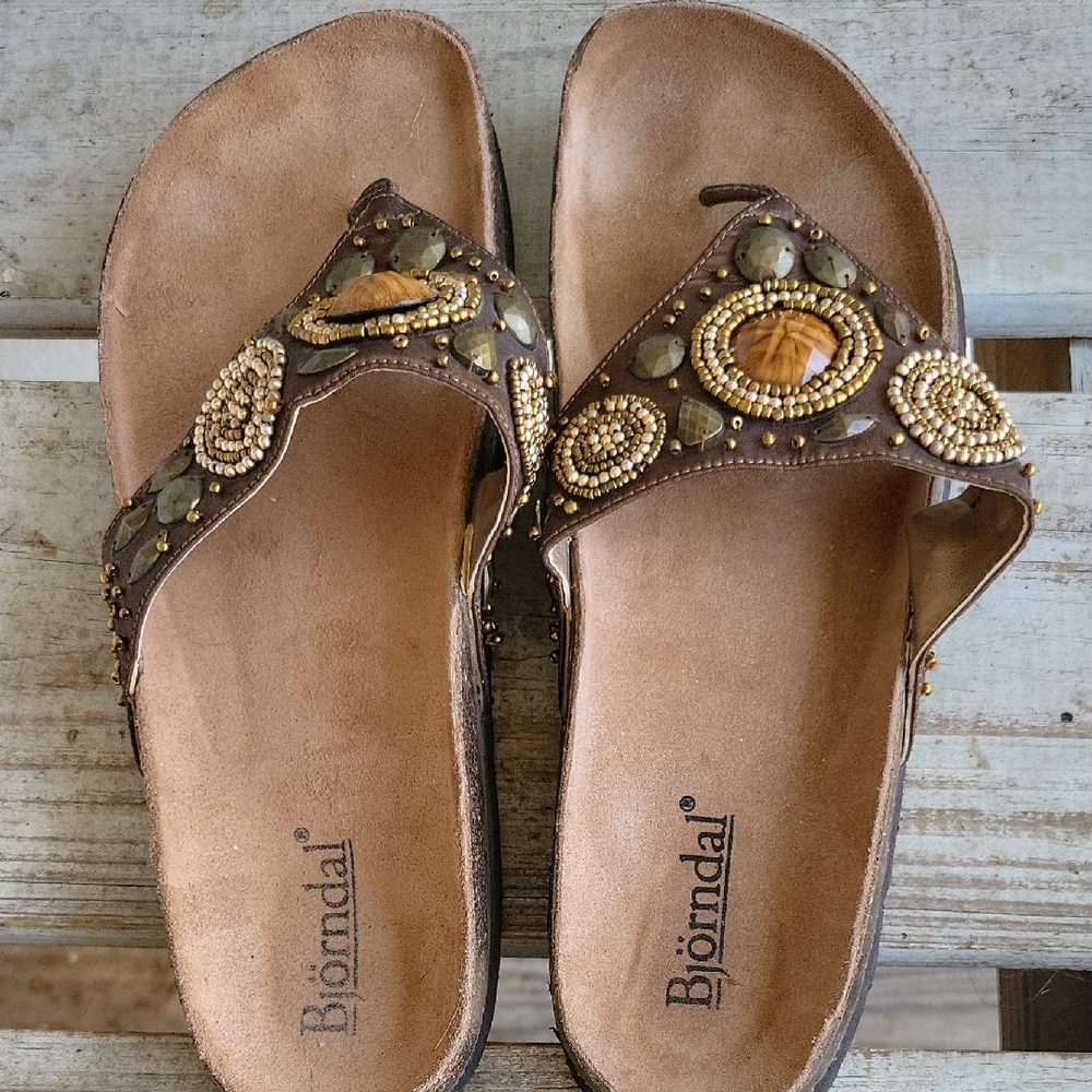 Bjorndal Brown Sandals with Beaded Embellishments Boho